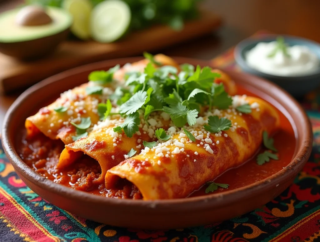 Freshly baked boulders enchiladas topped with cheese and garnishes, served in a rustic dish with sides of lime and sour cream.