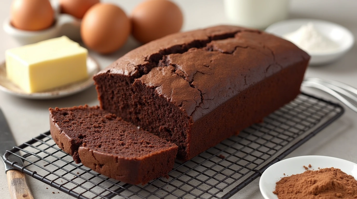 A freshly baked chocolate pound cake on a cooling rack with ingredients displayed around it.