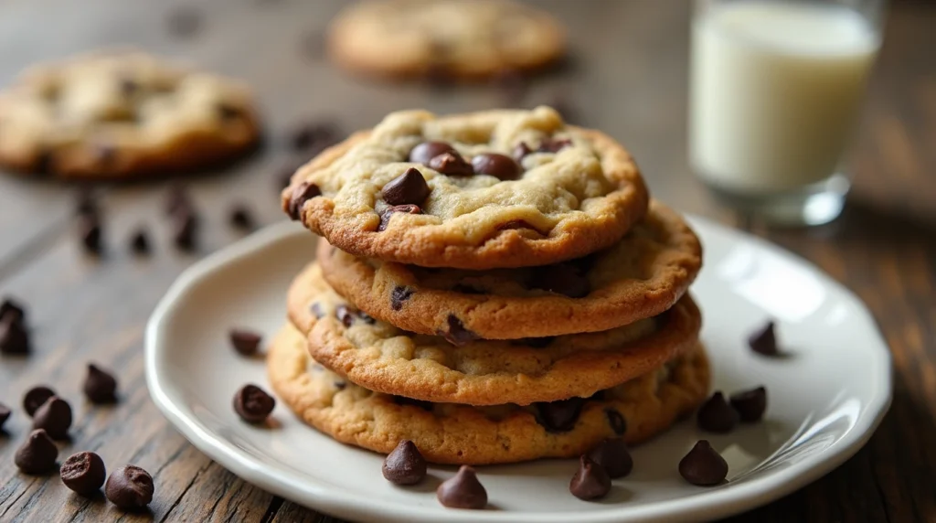 A stack of golden-brown Ghirardelli chocolate chip cookies with a glass of milk and scattered chocolate chips.