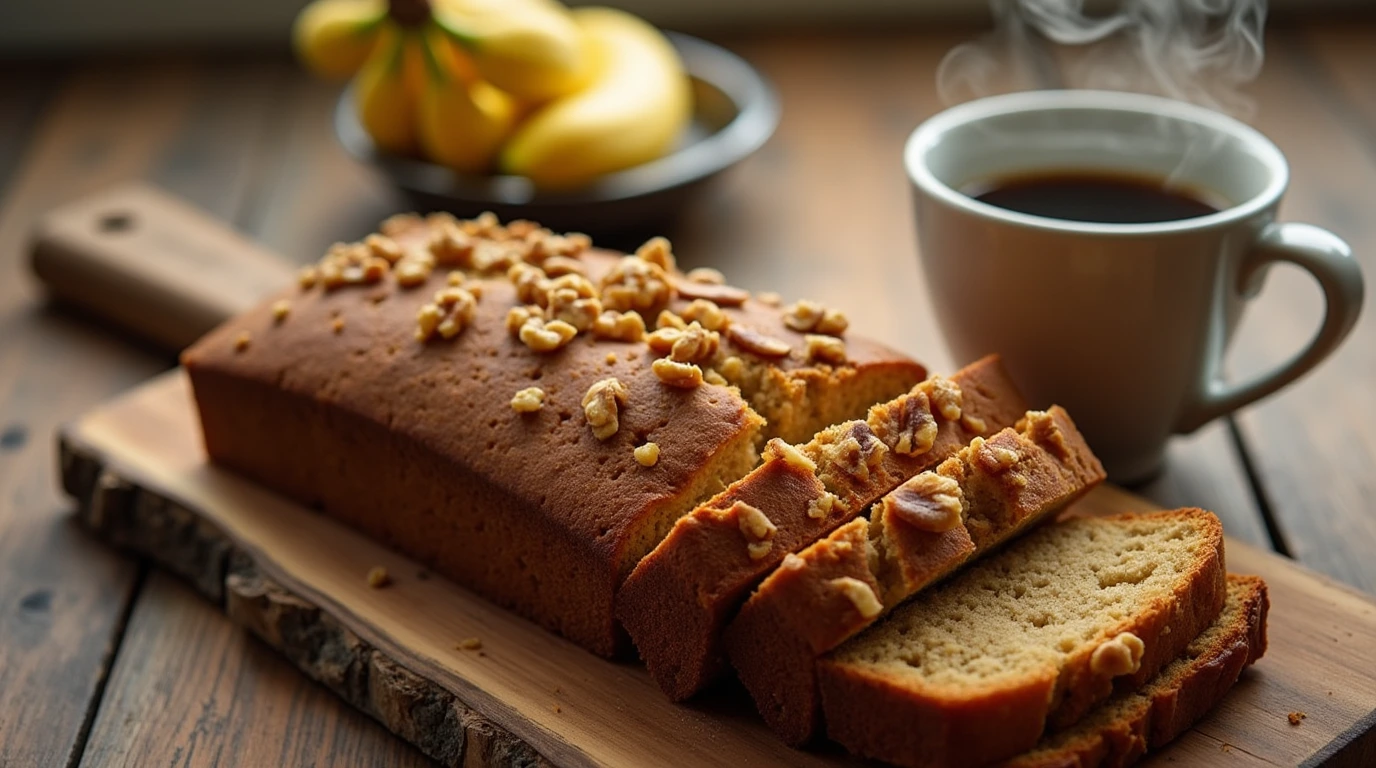 Freshly sliced Starbucks banana bread on a wooden cutting board with coffee and bananas.