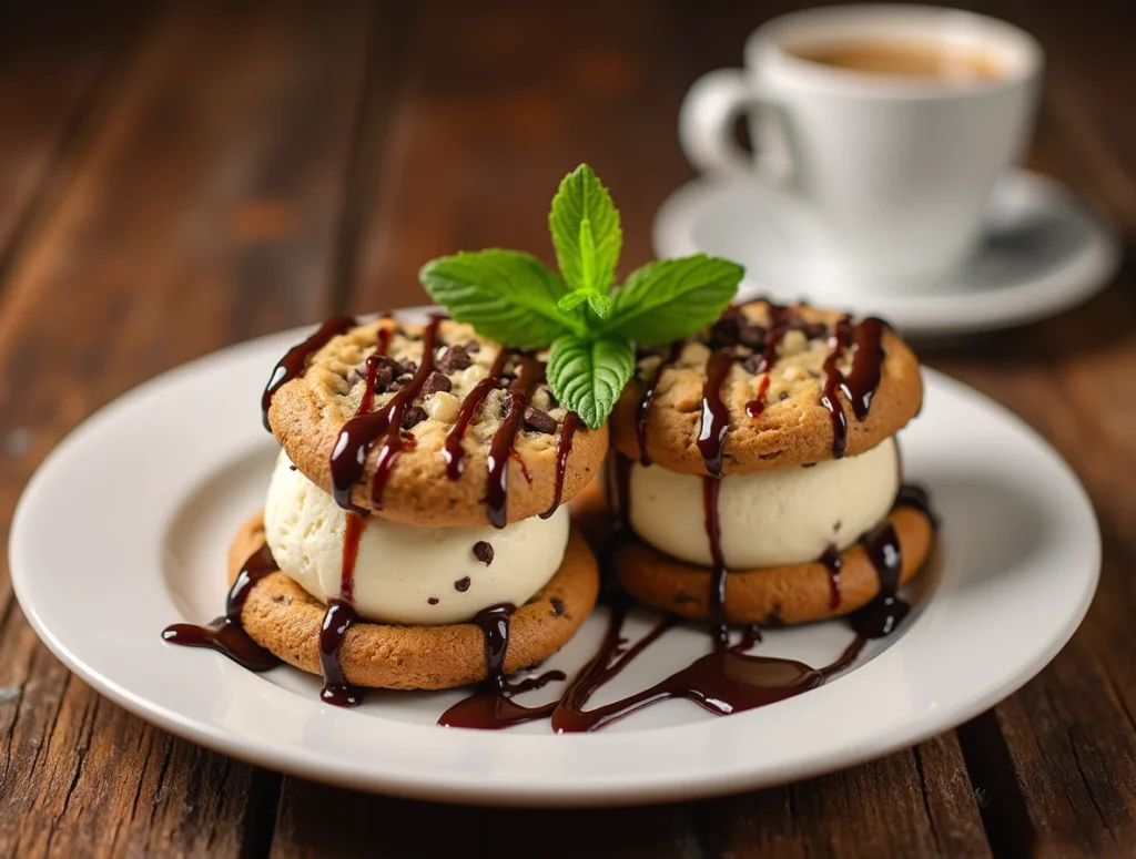 Ghirardelli chocolate chip cookie ice cream sandwiches drizzled with fudge and garnished with mint, served with coffee.