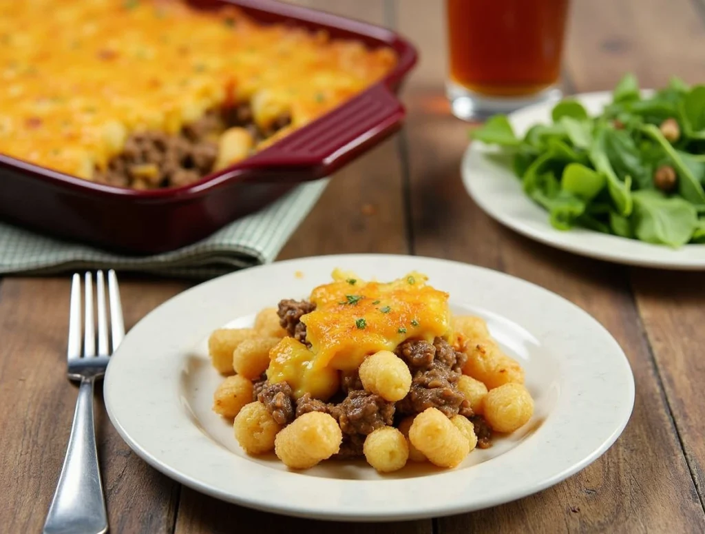 A serving of Rick Nolan hotdish on a plate, highlighting crispy tater tots, creamy filling, and a side salad.