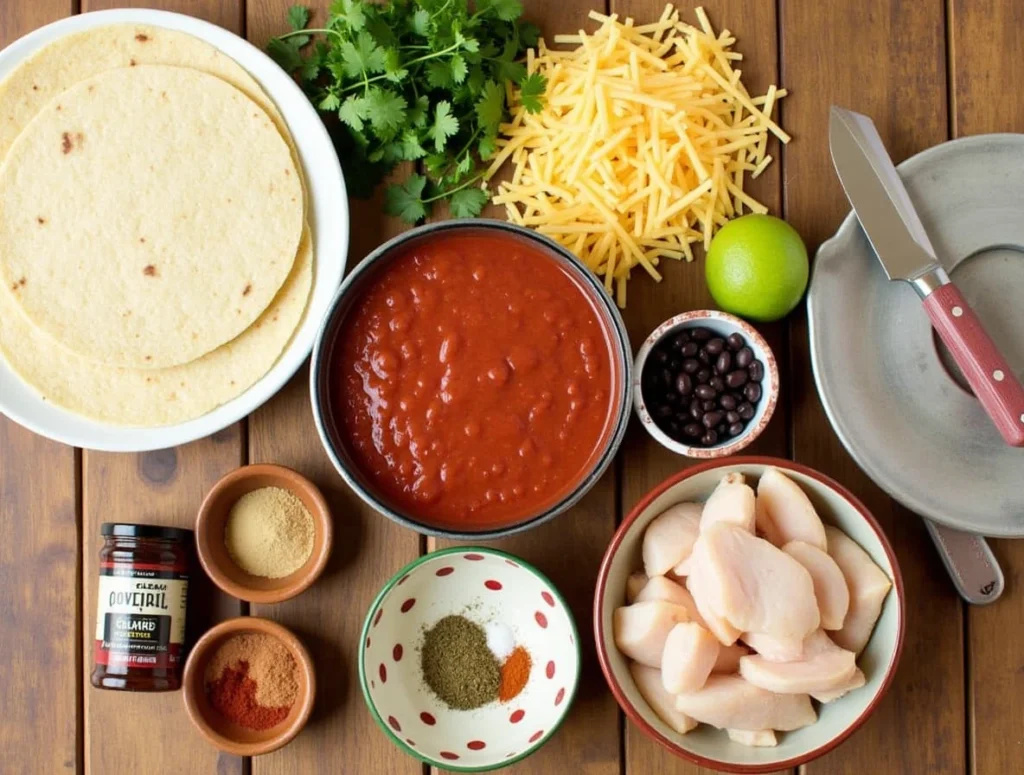 Key ingredients for boulders enchiladas, including tortillas, cheese, enchilada sauce, chicken, and spices, on a wooden countertop.