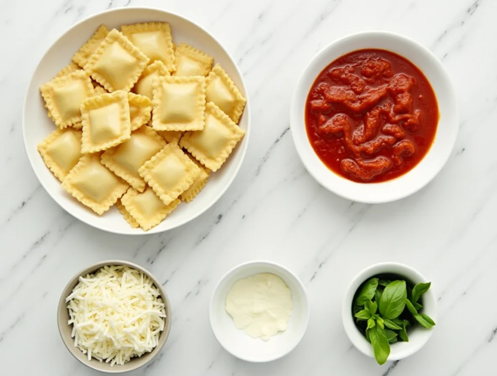 Ingredients for lazy lasagna, including ravioli, marinara, cheese, and basil, arranged on a wooden board.