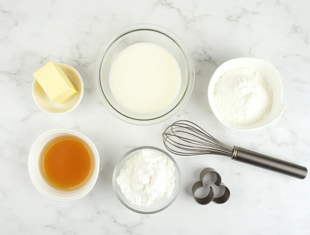 Key ingredients for Madeline cookies, including butter, cream, eggs, and sugar, arranged on a marble countertop with a whisk.