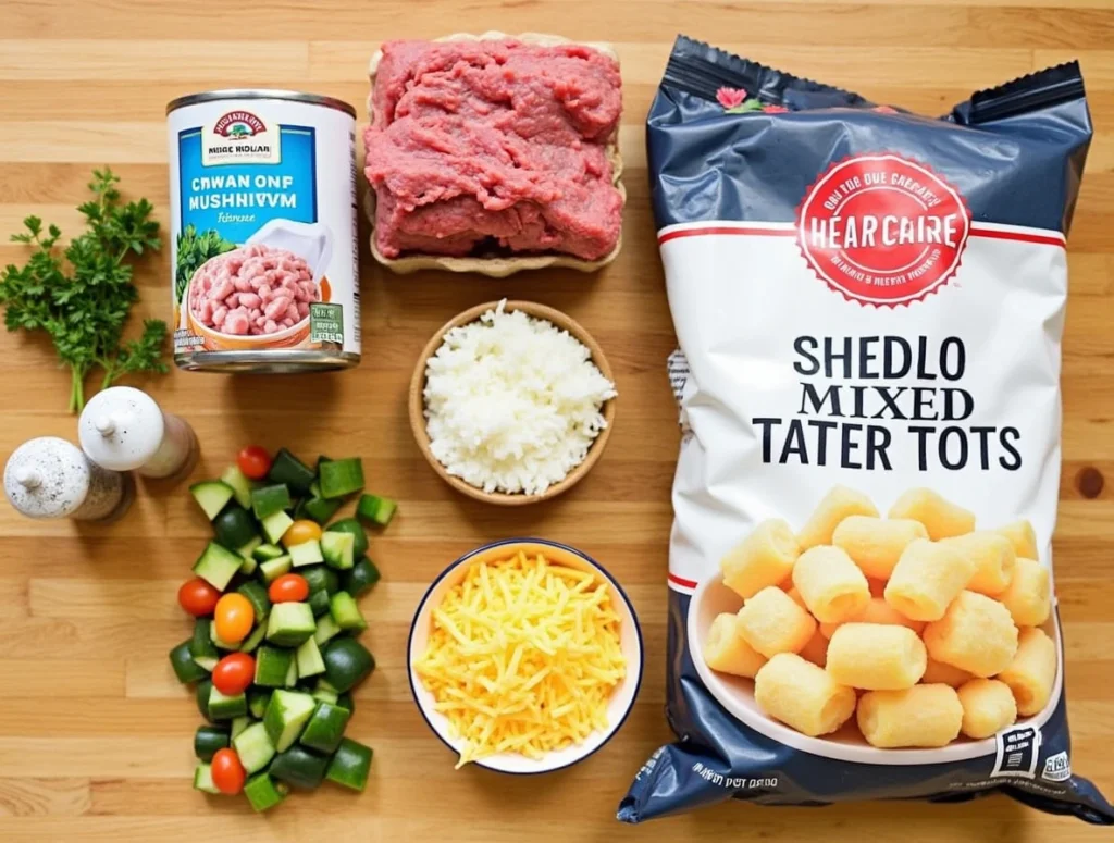 A flat-lay of ingredients for Rick Nolan hotdish, including ground beef, cream of mushroom soup, vegetables, tater tots, and cheese.