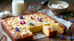 A moist kefir sheet cake topped with vanilla glaze and garnished with flowers and berries.