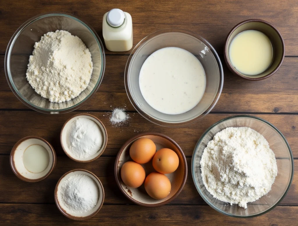 Ingredients for kefir sheet cake, including flour, sugar, eggs, oil, and kefir, arranged on a wooden countertop.