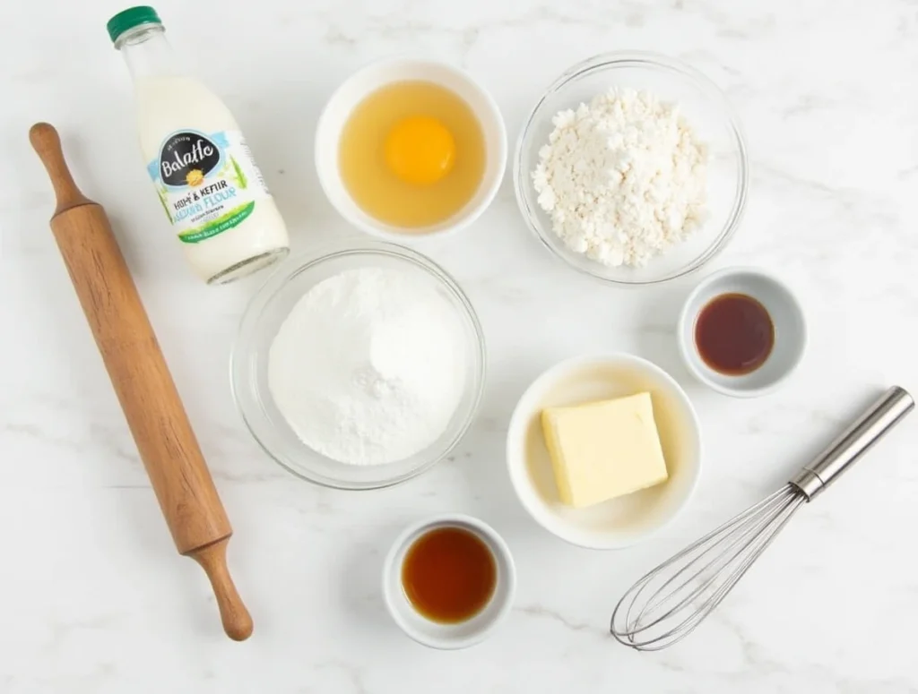 Ingredients for a kefir sheet cake, including kefir, eggs, flour, sugar, and butter, on a marble countertop.