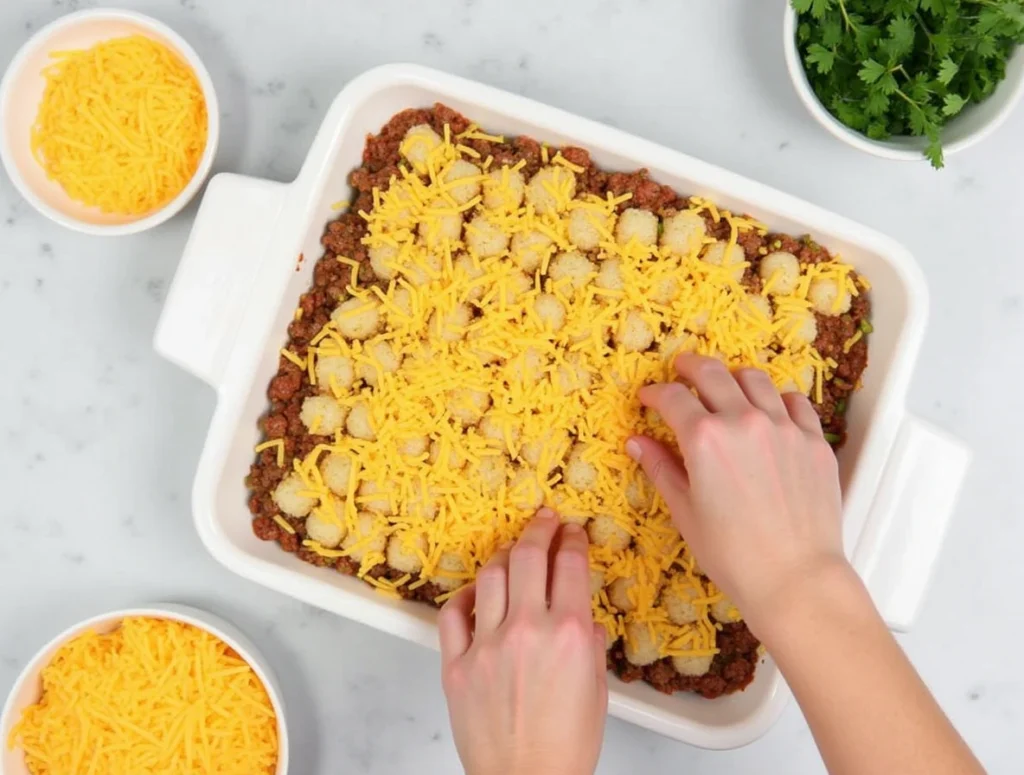 A baking dish with layers of beef, vegetables, cheese, and neatly arranged tater tots for Rick Nolan’s hotdish recipe.