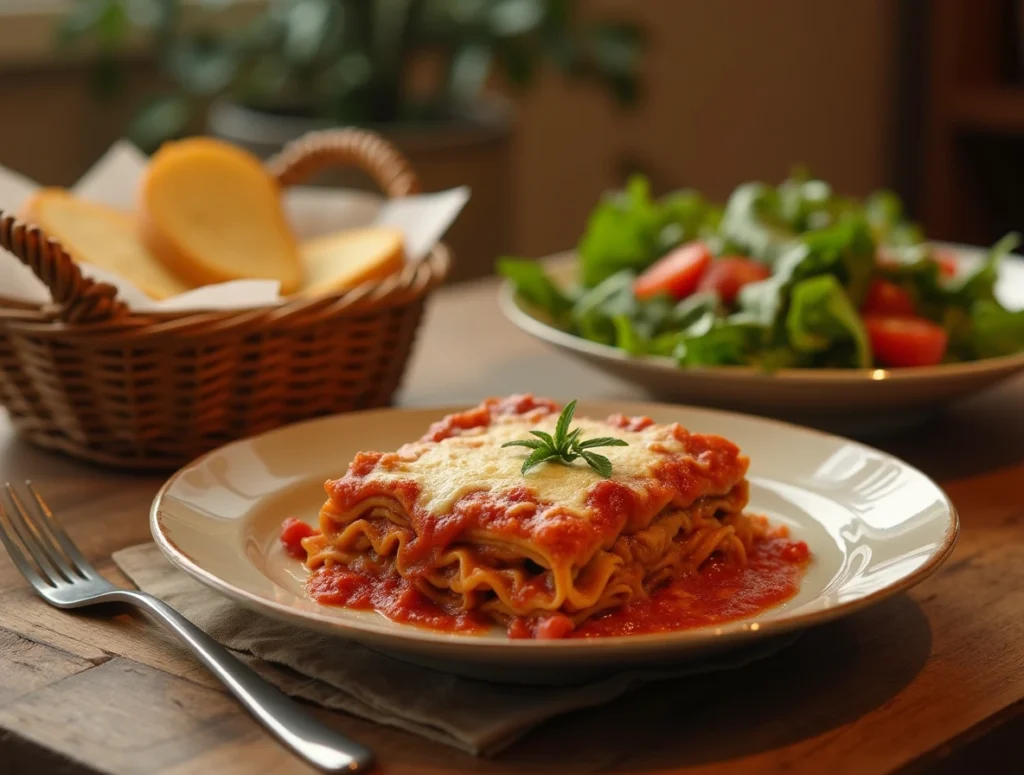 Lazy lasagna served on a dinner plate with salad and garlic bread on a family table.