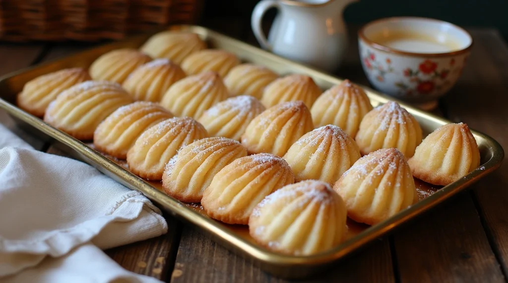 Freshly baked Madeline cookies on a golden tray, dusted with powdered sugar, with a pitcher of cream and a cup of coffee in the background.