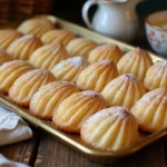 Freshly baked Madeline cookies on a golden tray, dusted with powdered sugar, with a pitcher of cream and a cup of coffee in the background.