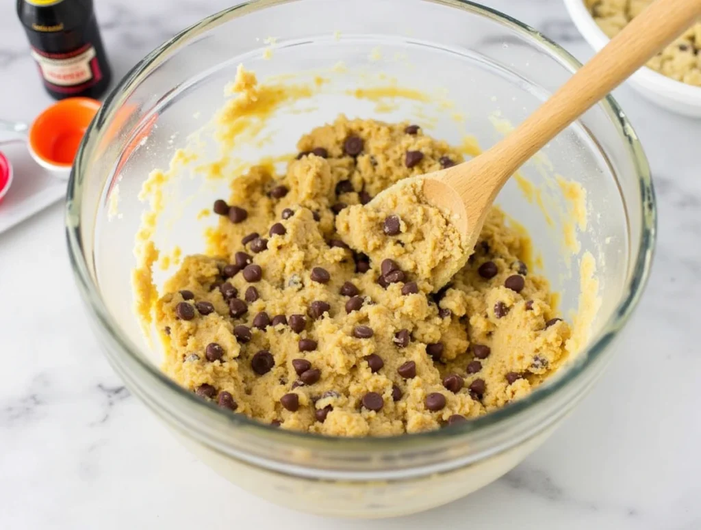 Cookie dough with chocolate chips in a mixing bowl, ready for baking.