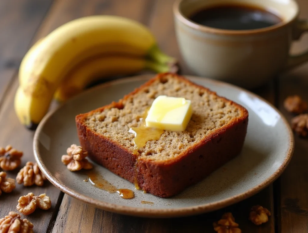 A slice of Starbucks banana bread with butter, served on a rustic plate with coffee.