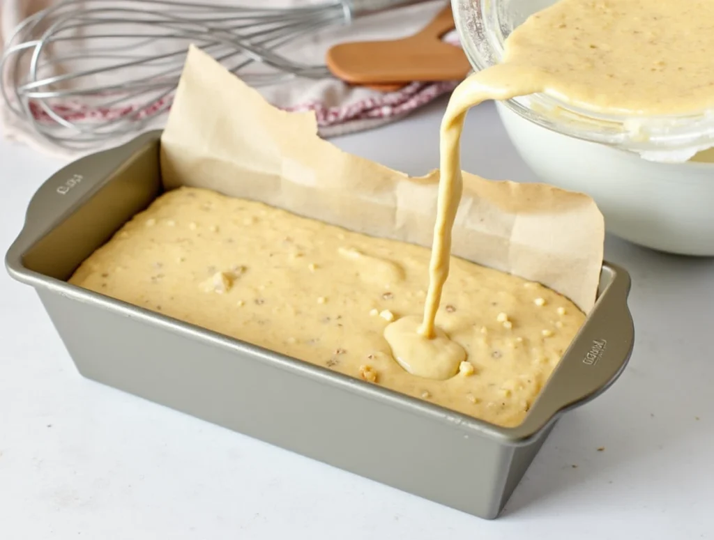 Banana bread batter being poured into a parchment-lined loaf pan.