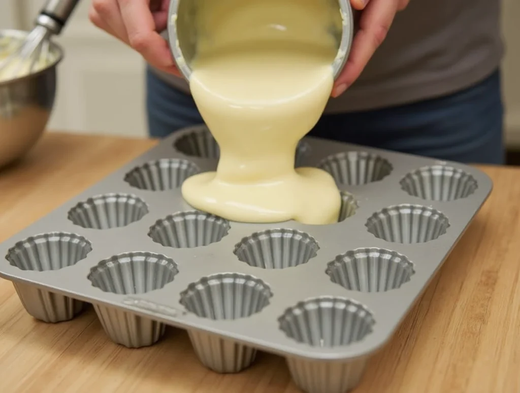 Batter being poured into a Madeline mold during the baking process.