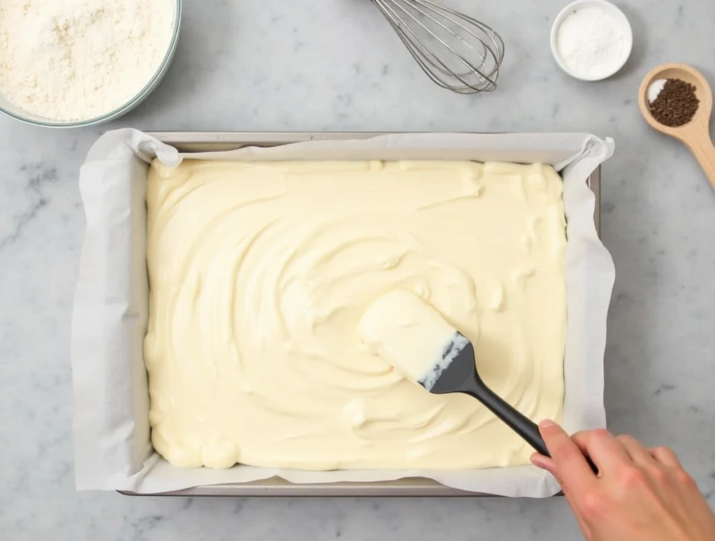 Smooth kefir cake batter being poured into a lined sheet pan with a spatula nearby.