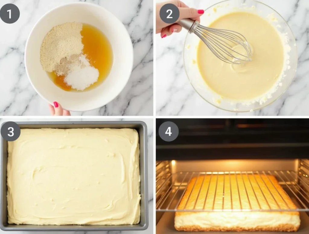 Step-by-step process of preparing kefir sheet cake batter, pouring it into a pan, and baking it in an oven.