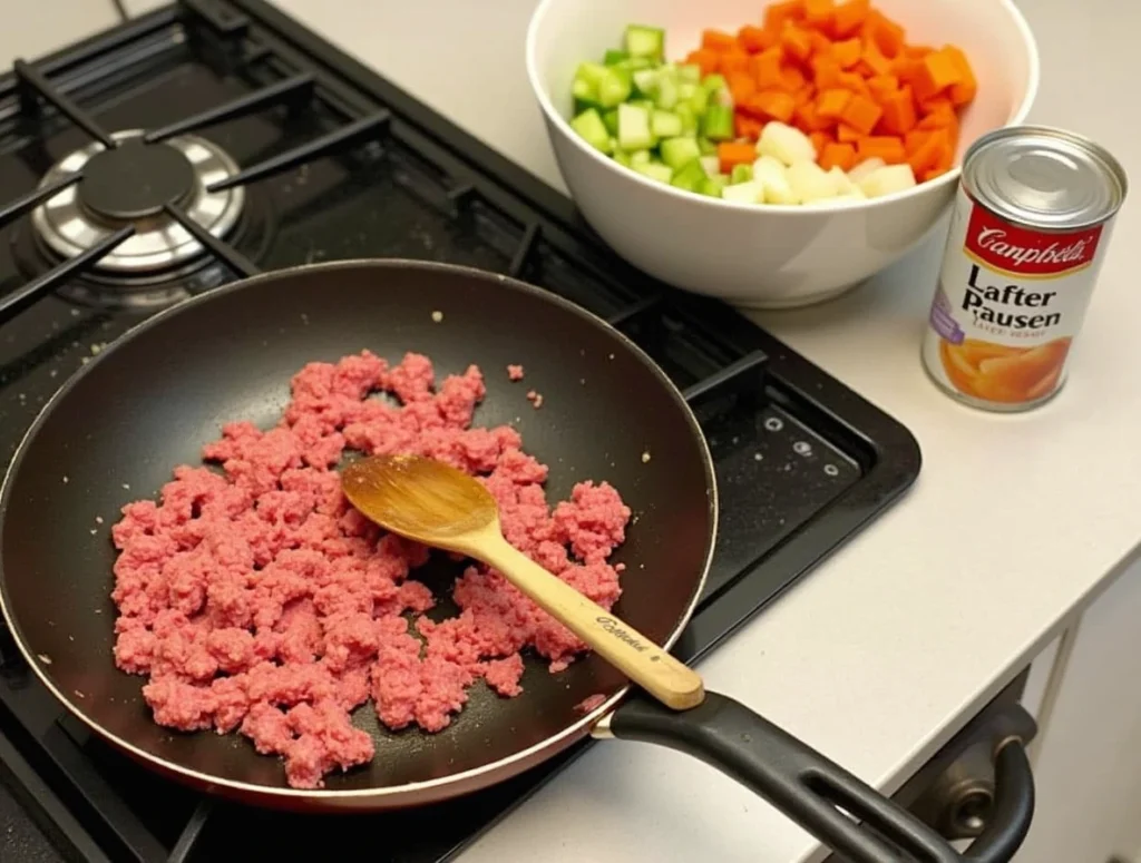 Ground beef browning in a skillet with vegetables and a can of soup nearby, showcasing the cooking process for hotdish.