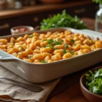 A rustic kitchen table with Rick Nolan hotdish topped with golden tater tots, surrounded by a salad bowl and kitchen utensils.