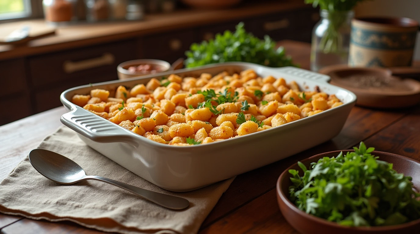 A rustic kitchen table with Rick Nolan hotdish topped with golden tater tots, surrounded by a salad bowl and kitchen utensils.