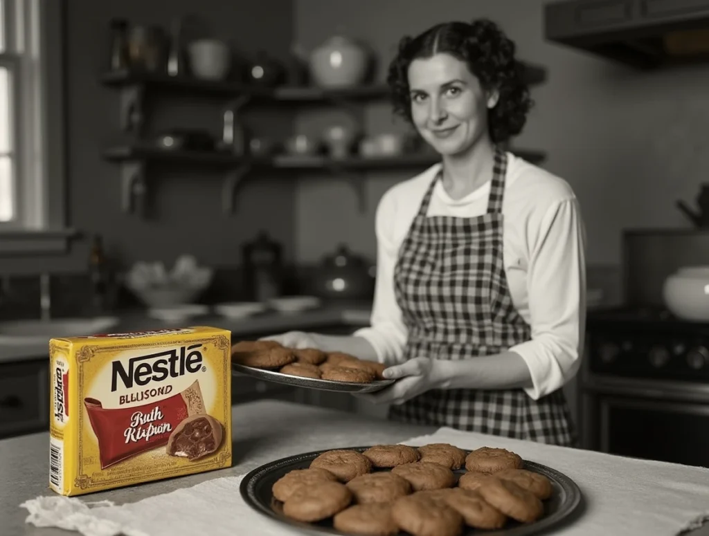 Ruth Wakefield in her kitchen holding a tray of cookies with Nestle chocolate packaging.