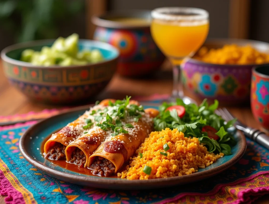 Boulders enchiladas served with Mexican rice, fresh salad, and a margarita on a vibrant Southwestern-themed table.