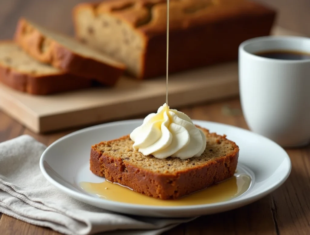 A plated slice of banana bread with honey and whipped cream, served with coffee for a cozy presentation.