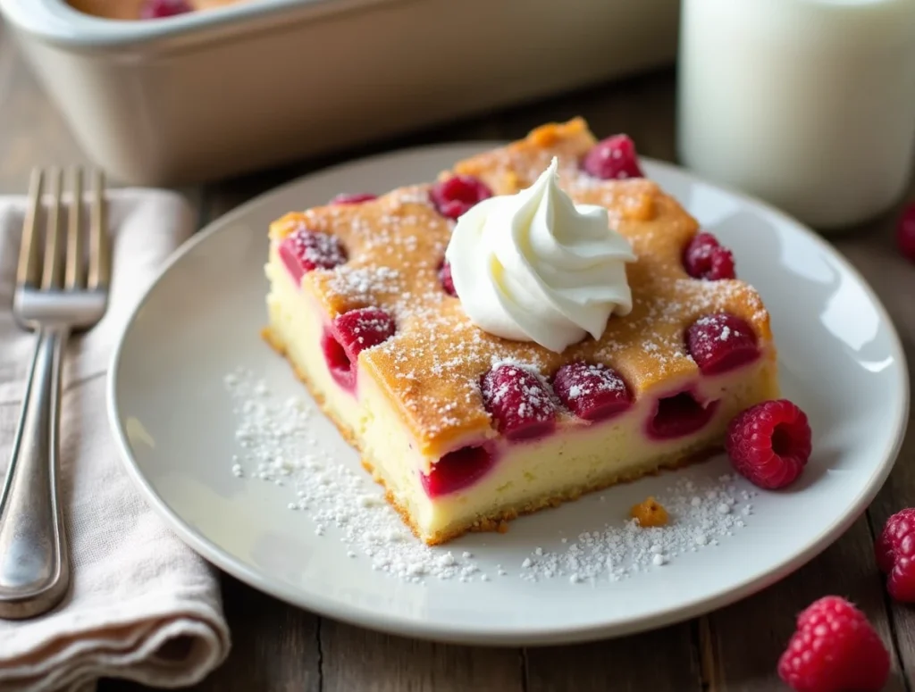 A plated slice of kefir sheet cake with whipped cream and raspberries on a white plate.