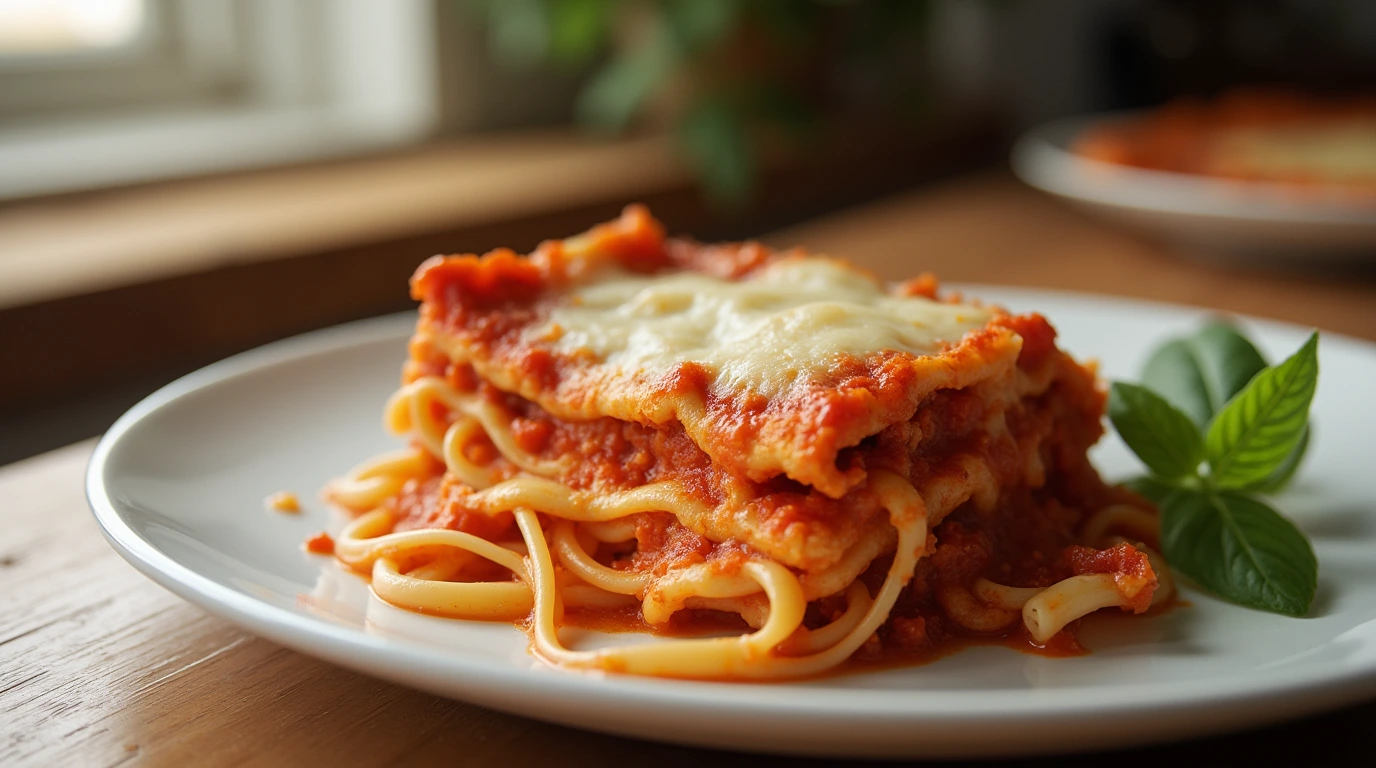 Fresh slice of lazy lasagna with melted mozzarella and marinara sauce on a ceramic plate.