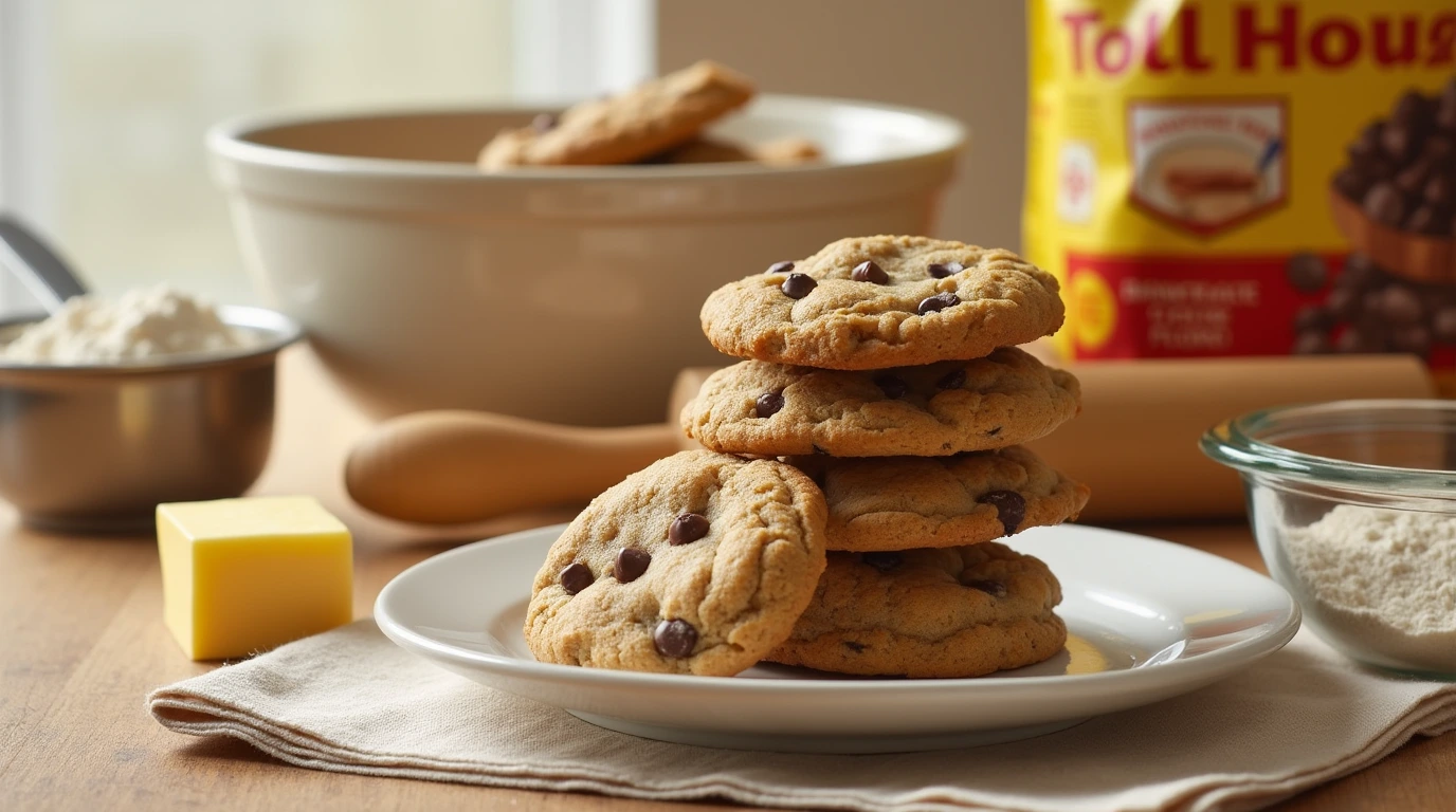 A stack of golden-brown Nestle chocolate chip cookies with baking ingredients.