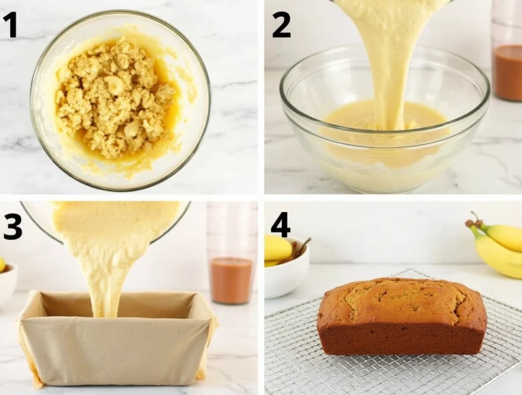 Step-by-step process of making 4 ingredient banana bread, from mashing bananas to baking the loaf.