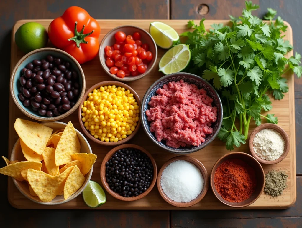 Fresh ingredients for taco soup frios, including meat, beans, corn, tomatoes, and toppings, arranged on a wooden countertop.