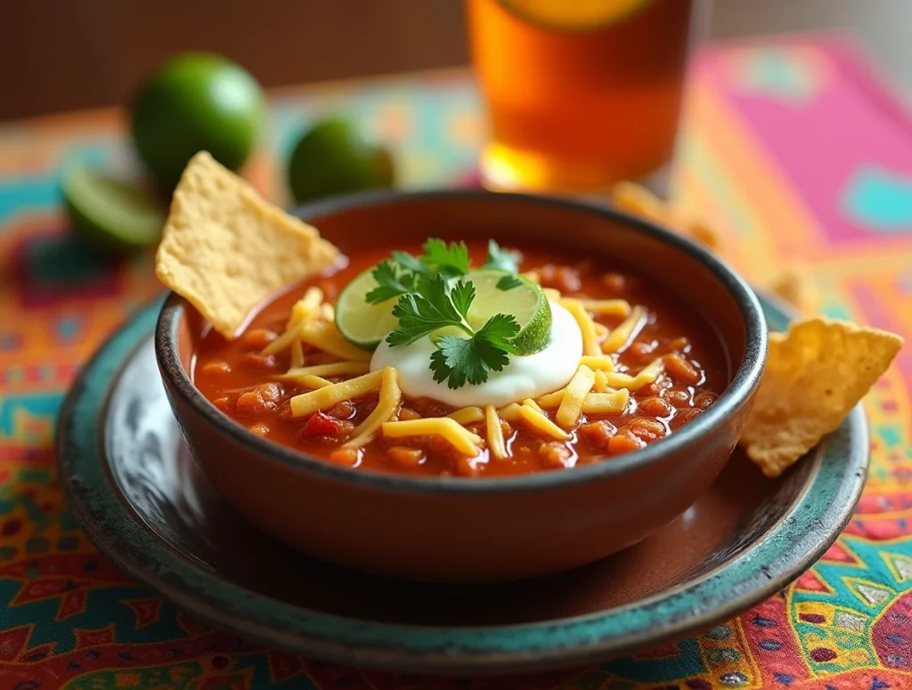 A bowl of taco soup frios garnished with cheese, sour cream, cilantro, and lime, served with tortilla chips and iced tea.