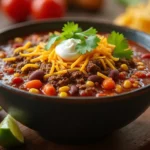 A bowl of taco soup frios garnished with cheese, sour cream, and cilantro, served with tortilla chips and lime wedges on a wooden table.