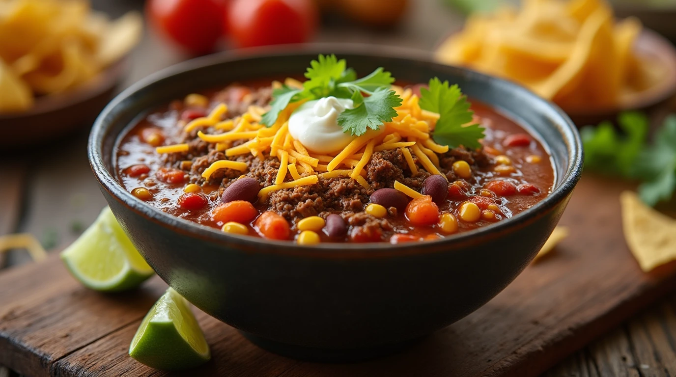 A bowl of taco soup frios garnished with cheese, sour cream, and cilantro, served with tortilla chips and lime wedges on a wooden table.