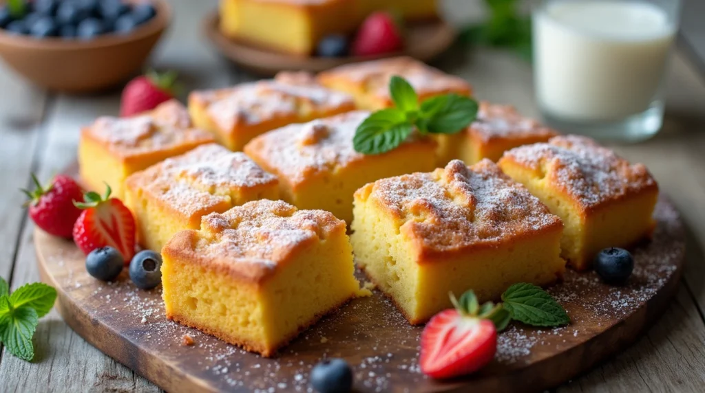 A moist sheet cake with a golden-brown top, garnished with powdered sugar glaze, fresh berries, and mint leaves.