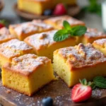 A moist sheet cake with a golden-brown top, garnished with powdered sugar glaze, fresh berries, and mint leaves.