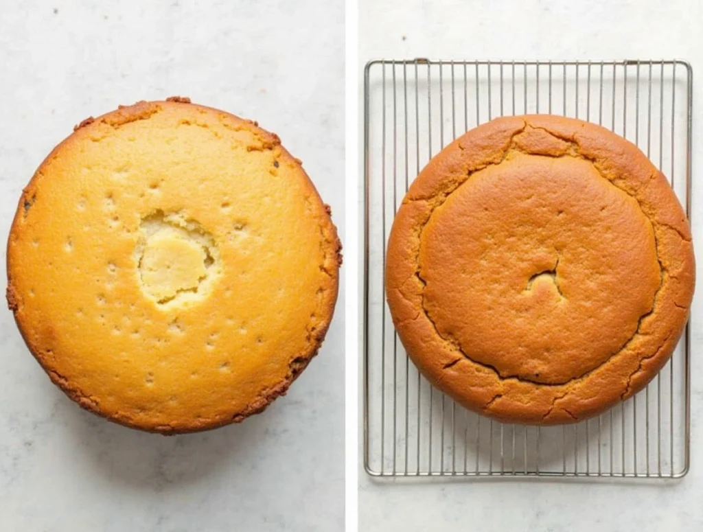 Comparison of a cracked, dry chocolate pound cake and a smooth, moist one on a wire rack.